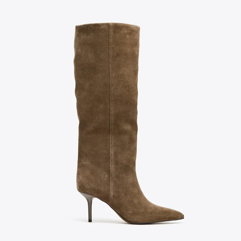 Women's Suede Pointed-Toe 8cm Stiletto Knee-High Boots — tan boot, side view