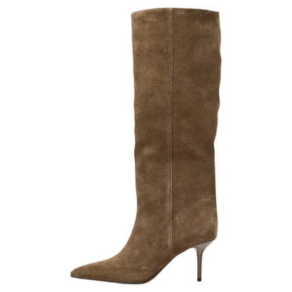 Women's Suede Pointed-Toe 8cm Stiletto Knee-High Boots — tan boot, side angle