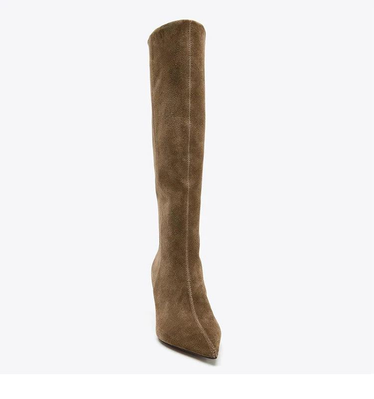 Women's Suede Pointed-Toe 8cm Stiletto Knee-High Boots — tan boot, front view