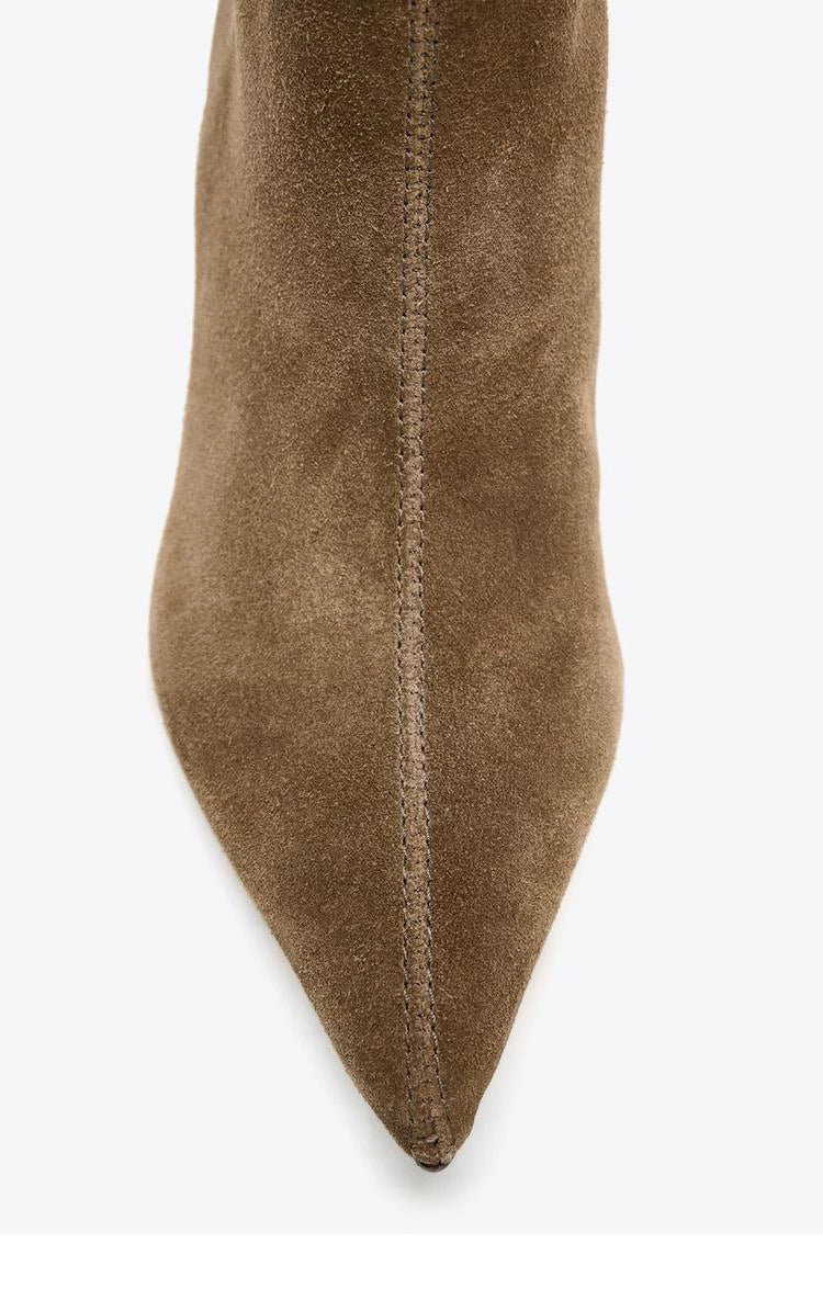 Women's Suede Pointed-Toe 8cm Stiletto Knee-High Boots — tan pointed toe, top detail