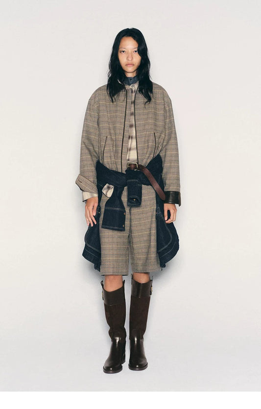Women's Round Toe Block Heel Knee-High Boots — model wearing brown riding boots with checked coat