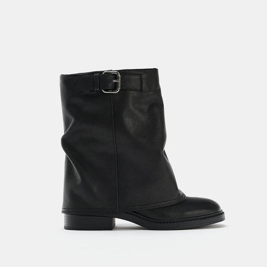 Women's Round Toe Wide-Shaft Block Heel Boots — black buckle ankle boot, side view