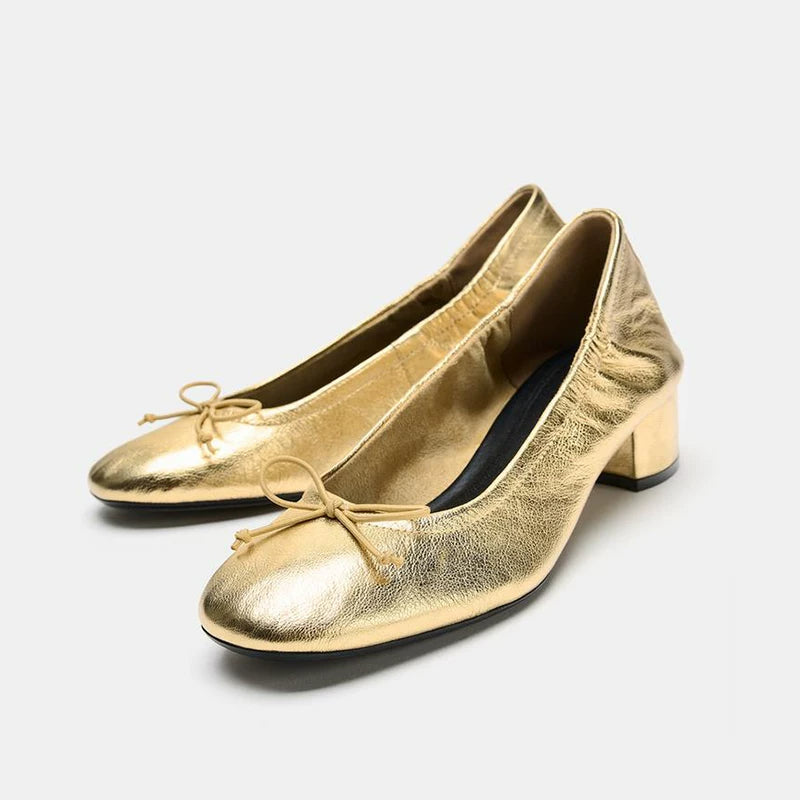 Women's Bow Block-Heel Ballet Pumps — gold bow pair, front angle
