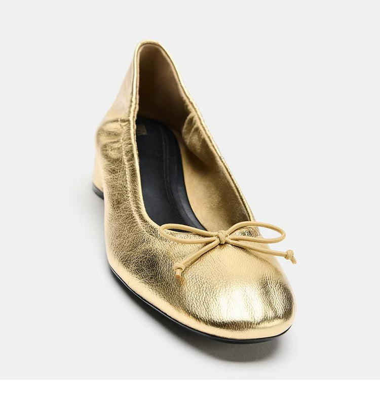 Women's Bow Block-Heel Ballet Pumps — gold bow shoe, front view