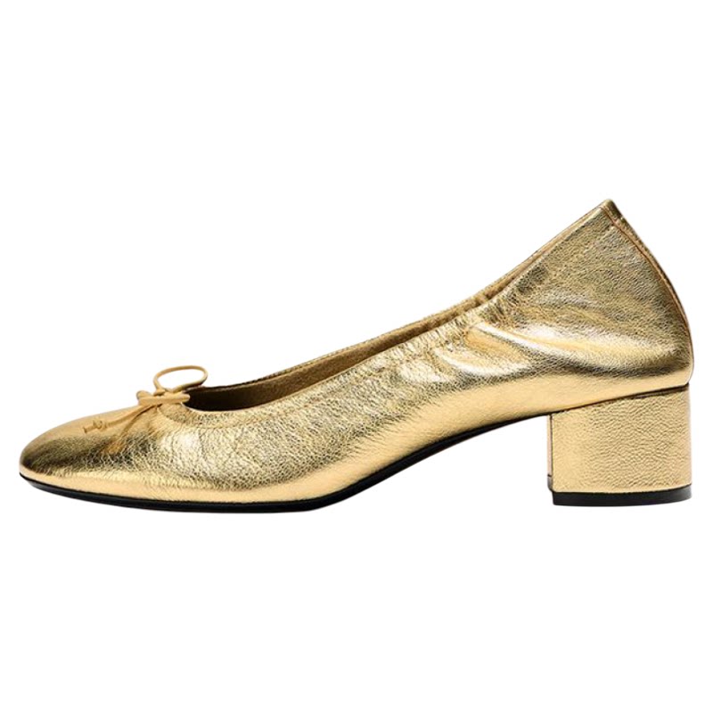 Women's Bow Block-Heel Ballet Pumps — gold bow shoe, side angle