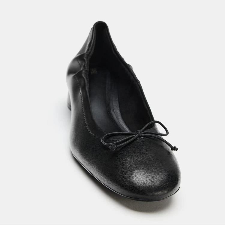 Women's Bow Block-Heel Ballet Pumps — black bow shoe, front view