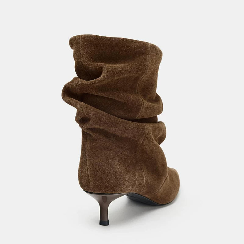 Women's Ruched Pointed Toe Kitten Heel Ankle Boots — brown ruched ankle boot, rear view