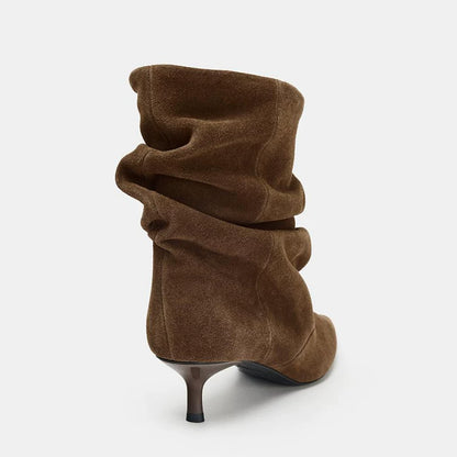 Women's Ruched Pointed Toe Kitten Heel Ankle Boots — brown ruched ankle boot, rear view