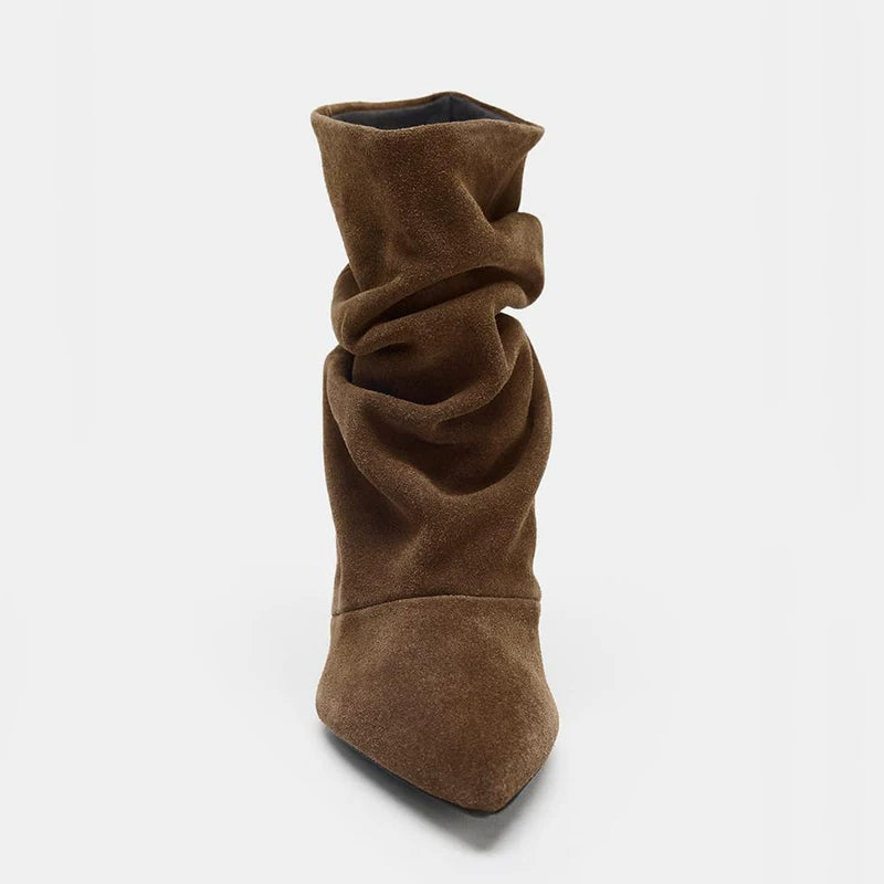 Women's Ruched Pointed Toe Kitten Heel Ankle Boots — brown ruched ankle boot, front view