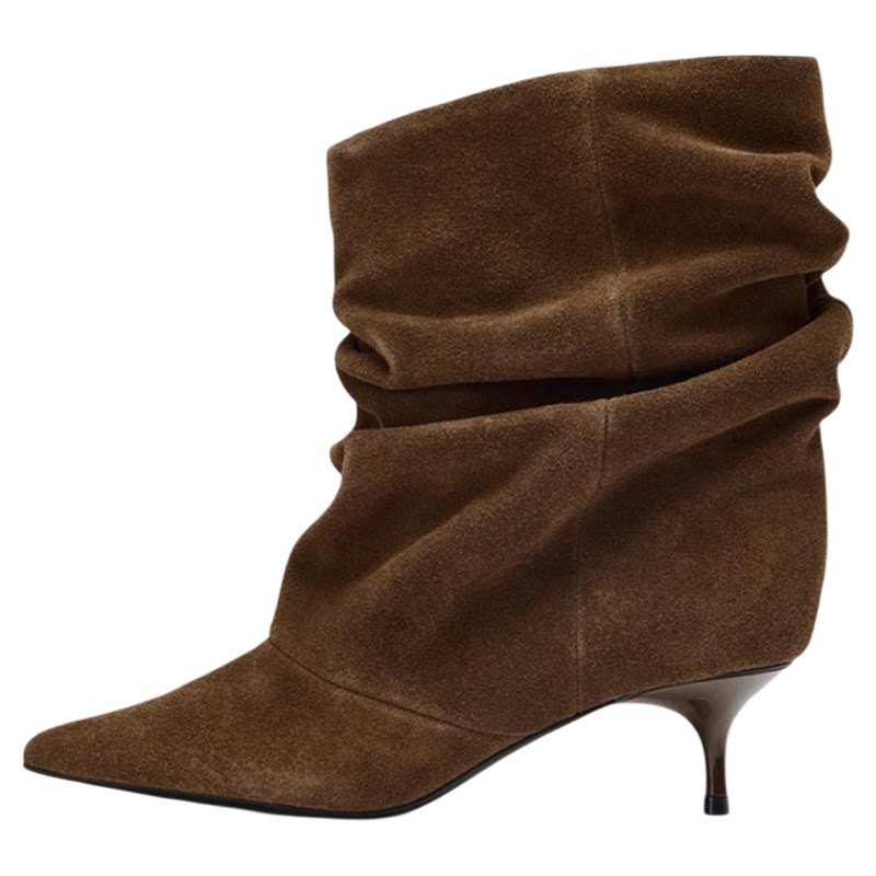 Women's Ruched Pointed Toe Kitten Heel Ankle Boots — brown ruched ankle boot, side angle