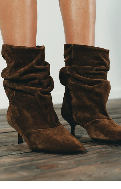 Women's Ruched Pointed Toe Kitten Heel Ankle Boots — brown ankle boots worn with shorts