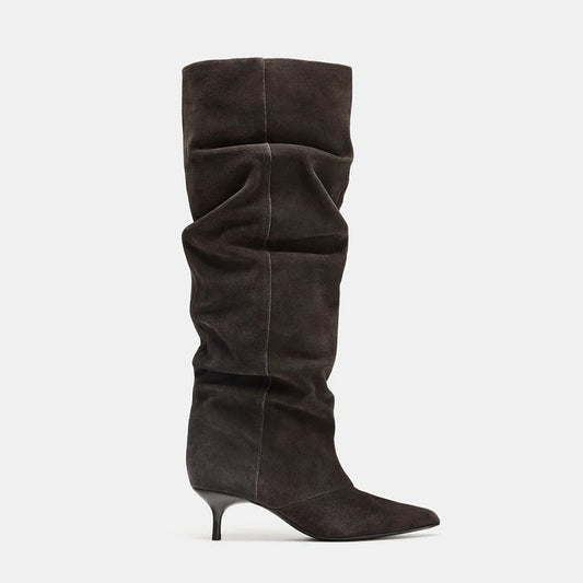 Women's Ruched Pointed Toe Kitten Heel Knee-High Boots — dark brown ruched boot, side view