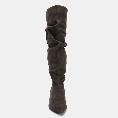 Women's Ruched Pointed Toe Kitten Heel Knee-High Boots — dark brown ruched boot, front view