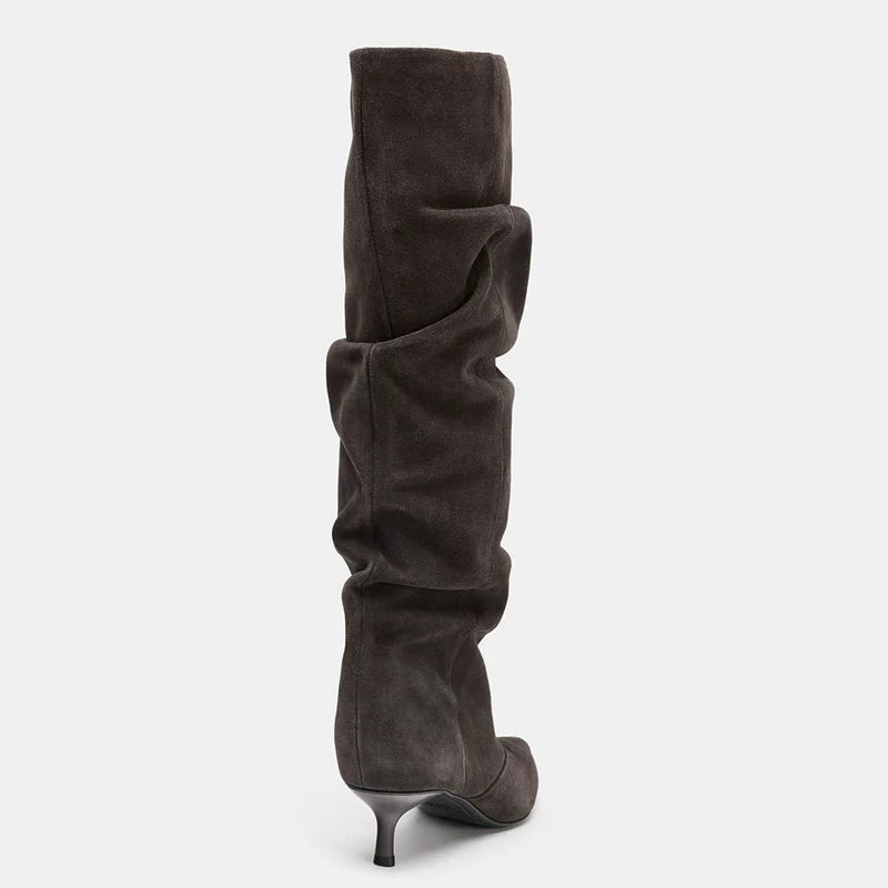Women's Ruched Pointed Toe Kitten Heel Knee-High Boots — dark brown ruched boot, rear view