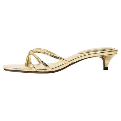Women's Square Toe Kitten Heel Thong Sandals — gold strappy sandal, opposite side view