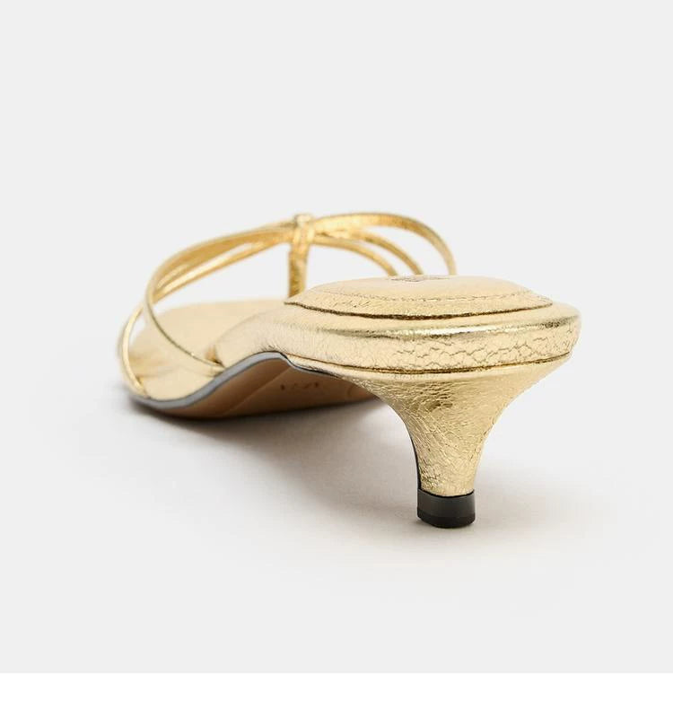 Women's Square Toe Kitten Heel Thong Sandals — gold strappy sandal, rear view