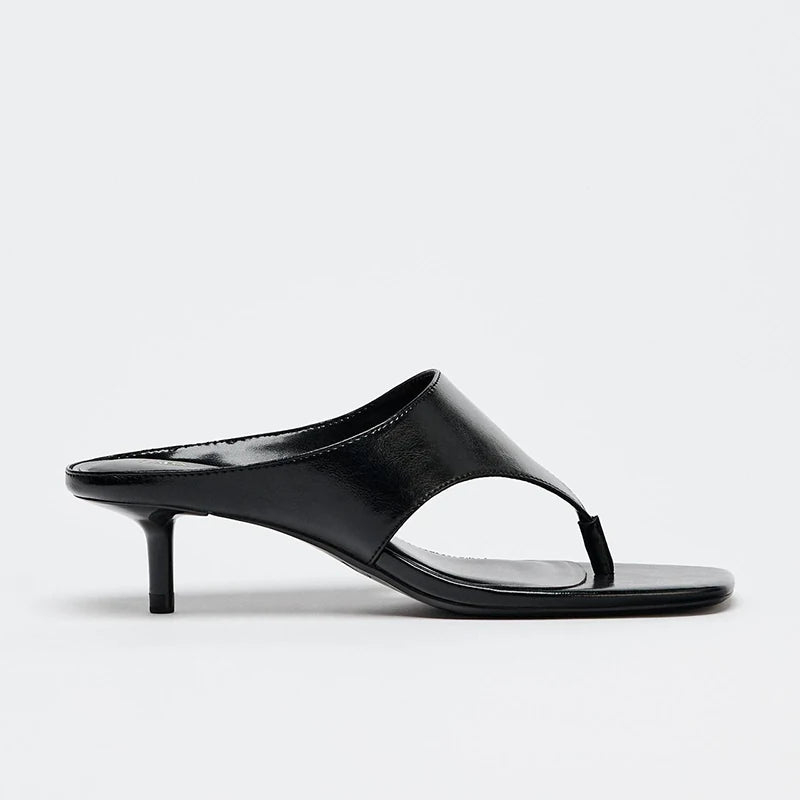 Women's Square Toe Mid-Heel Thong Slide Sandals — black thong mule, side view