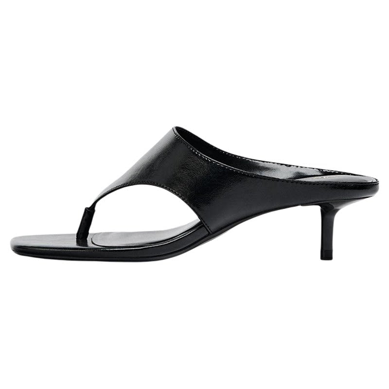 Women's Square Toe Mid-Heel Thong Slide Sandals — black thong mule, opposite side view