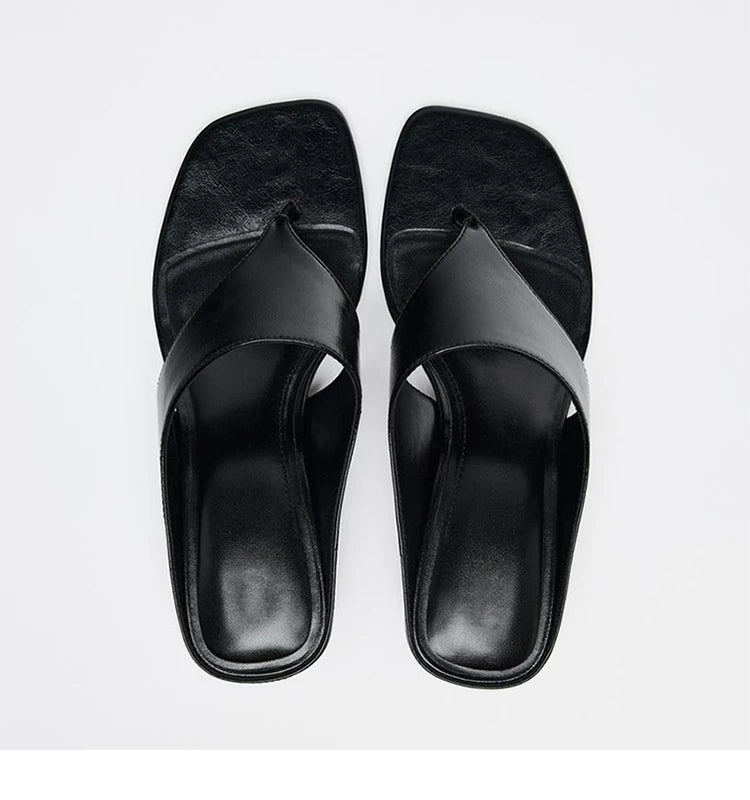 Women's Square Toe Mid-Heel Thong Slide Sandals — black thong pair, top view
