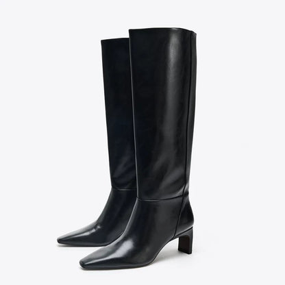 Women's Square Toe Sculptural Heel Knee-High Boots — black pair, angled front view