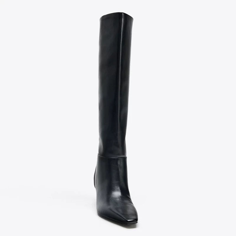 Women's Square Toe Sculptural Heel Knee-High Boots — black boot, front angle