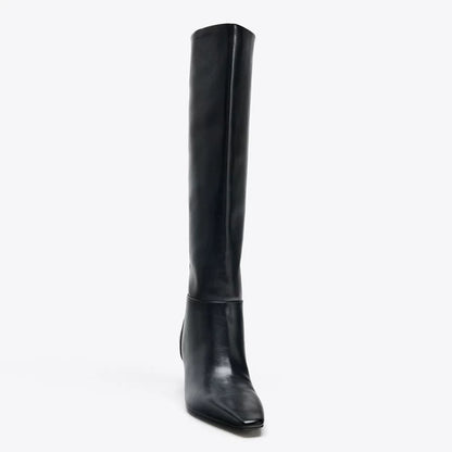 Women's Square Toe Sculptural Heel Knee-High Boots — black boot, front angle
