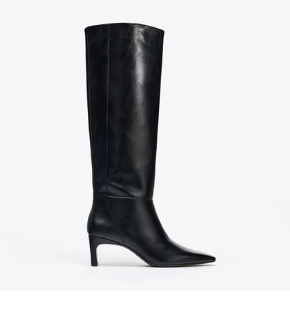 Women's Square Toe Sculptural Heel Knee-High Boots — black boot, side view