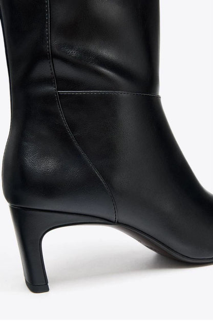Women's Square Toe Sculptural Heel Knee-High Boots — black sculptural heel, close-up