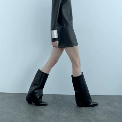 Women's Square Toe Wide-Shaft Block Heel Knee-High Boots — model wearing black boots with mini skirt