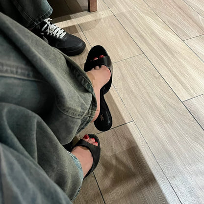 Women's Stiletto Heel Mule Slide Sandals — black mules worn, top view