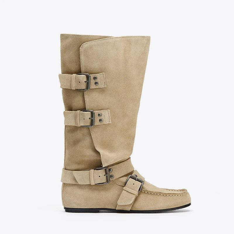 Women's Studded Buckle Round Toe Knee-High Boots — beige buckle boot, side view