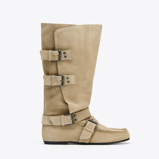 Women's Studded Buckle Round Toe Knee-High Boots — beige buckle boot, side view