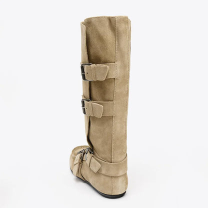 Women's Studded Buckle Round Toe Knee-High Boots — beige buckle boot, rear angle