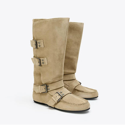 Women's Studded Buckle Round Toe Knee-High Boots — beige buckle pair, three-quarter view