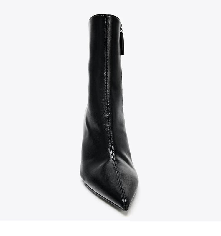 Women's Textured Pointed Toe Stiletto Ankle Boots — black textured ankle boot, front view