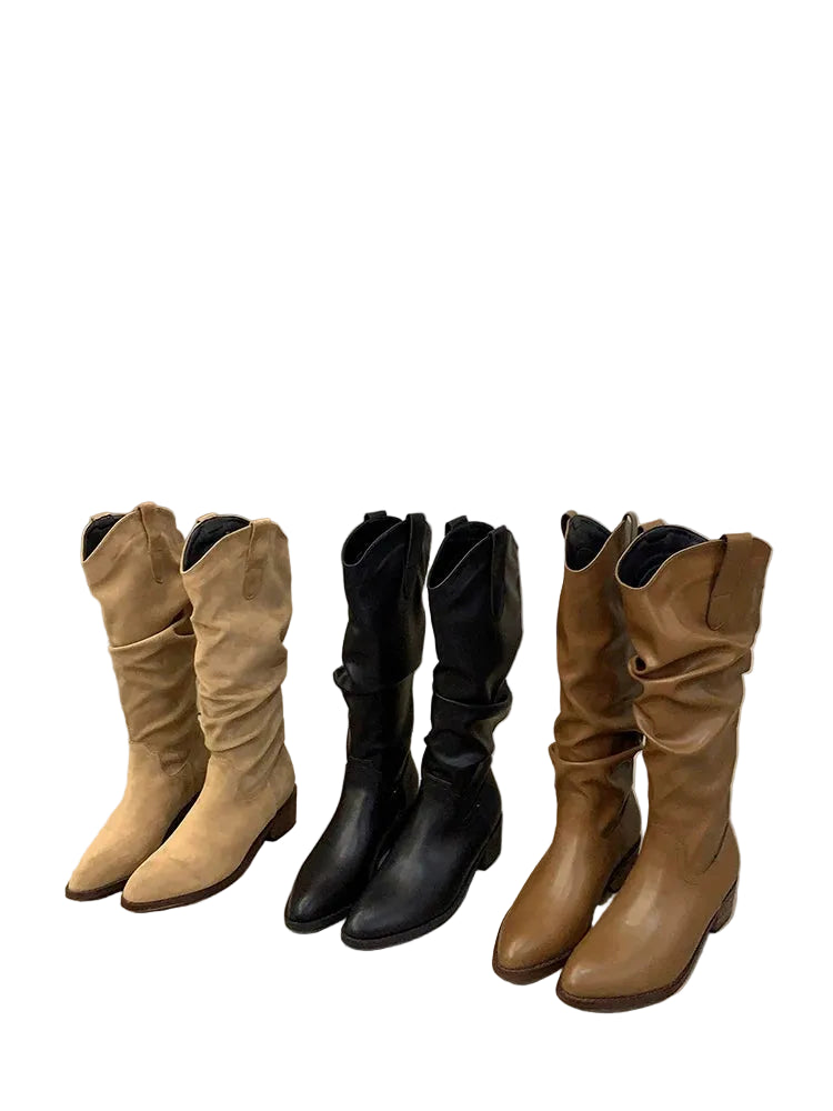Women's V-Cut Western Knee-High Boots — black and brown boot pairs, angled view