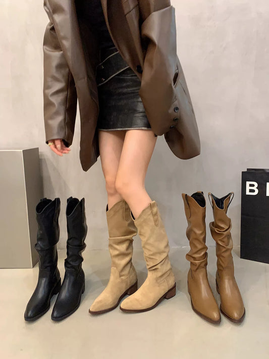 Women's V-Cut Western Knee-High Boots — black and brown boots worn with skirts