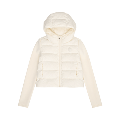 women's white down jacket - knit paneled ultra light hooded puffer winter coat