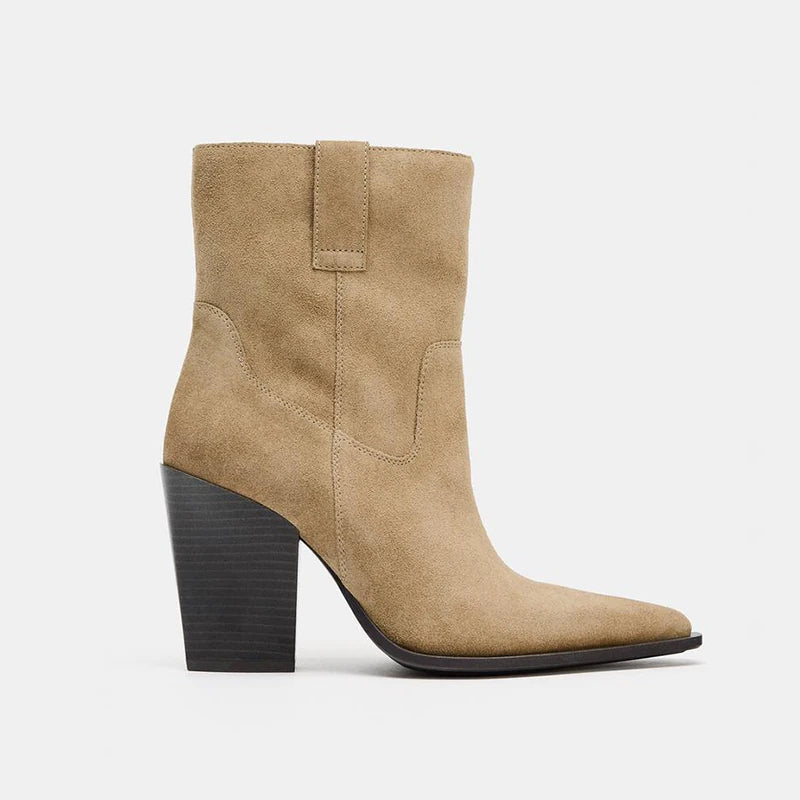 Women's Wide-Shaft Block-Heel Ankle Boots — tan ankle boot, side view