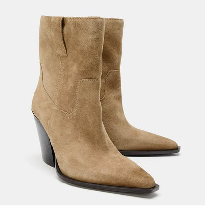 Women's Wide-Shaft Block-Heel Ankle Boots — tan ankle pair, front angle