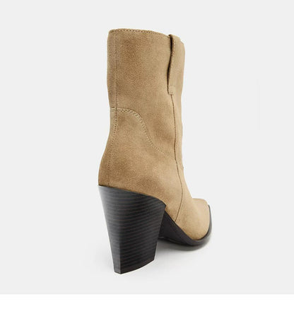 Women's Wide-Shaft Block-Heel Ankle Boots — tan ankle boot, rear view
