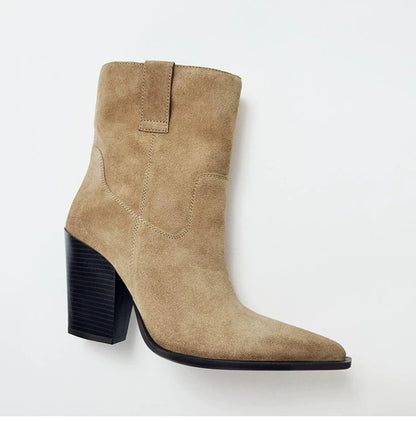 Women's Wide-Shaft Block-Heel Ankle Boots — tan ankle boot, three-quarter view