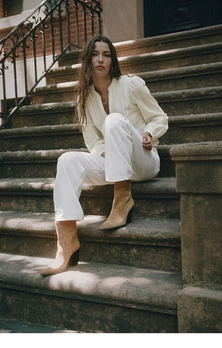 Women's Wide-Shaft Block-Heel Ankle Boots — model wearing tan ankle boots with white outfit