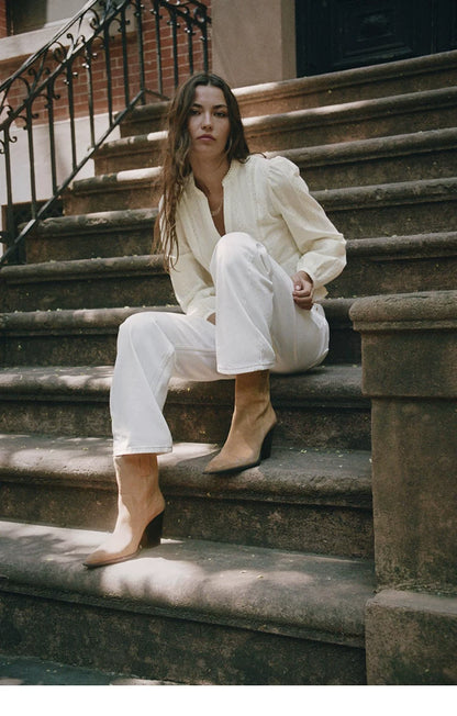 Women's Wide-Shaft Block-Heel Ankle Boots — model wearing tan ankle boots with white outfit
