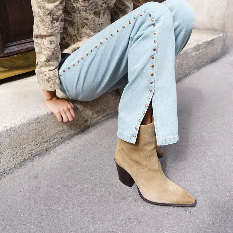 Women's Wide-Shaft Block-Heel Ankle Boots — tan ankle boots worn with light jeans