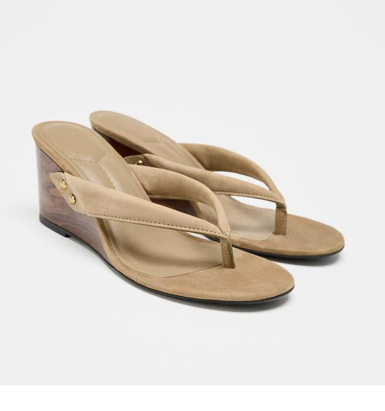 Women's Wood-Look Wedge Heel Thong Sandals — beige wedge pair, front angle