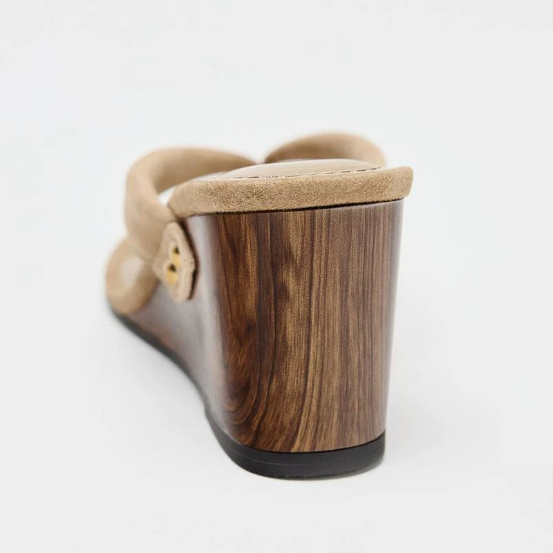 Women's Wood-Look Wedge Heel Thong Sandals — beige wood-look wedge heel, rear view