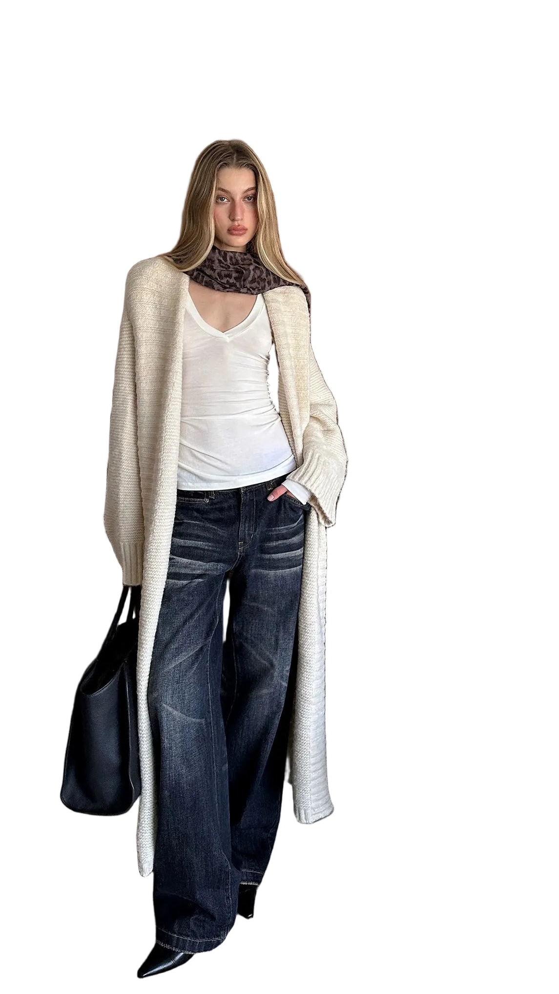 Wool-Blend Longline Knit Cardigan