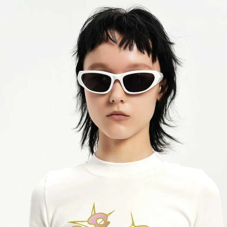 Y2K Angular Wraparound Sunglasses — Model wearing white wraparound sunglasses