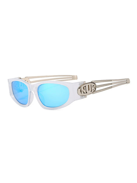 Y2K Decorative-Temple Sunglasses — Pale frame with blue mirrored lenses and decorative temples